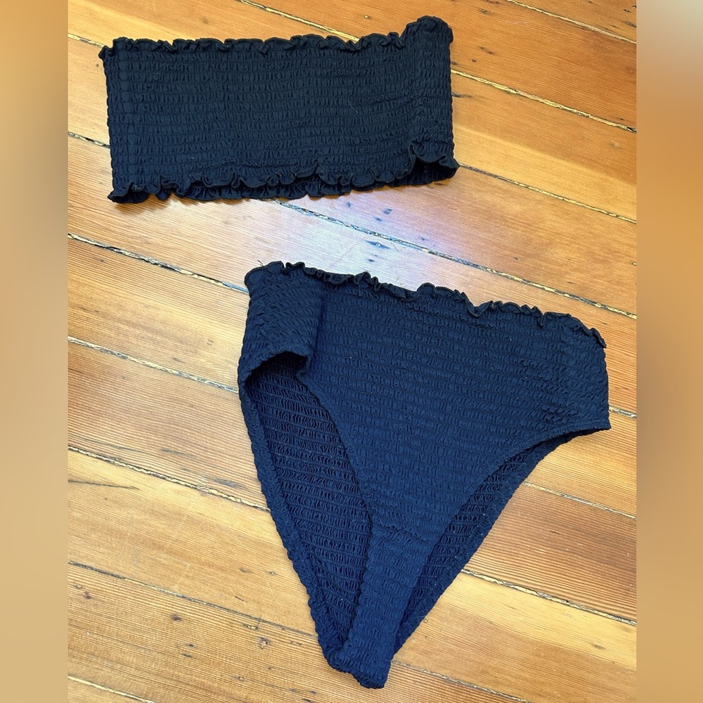 Reformation Black Smocked Bandeau Bikini Set
